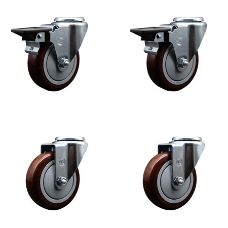 Service Caster 4'' Maroon Poly Wheel Swivel Bolt Hole Caster Set with 2 Posi Lock Brakes, 4PK SCC-BH20S414-PPUB-MRN-PLB-2-S-2